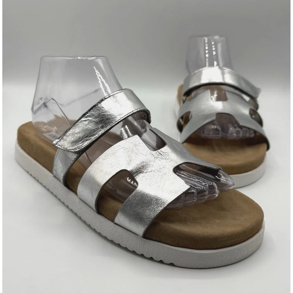 STEVE MADDEN Mayven Sandal Women's Size 8.5 Silver Metallic Leather Slide‎ NWOB